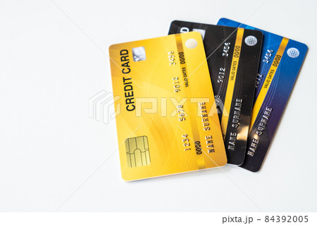 Close up of a set of cradit cards isolated on white background. 84392005