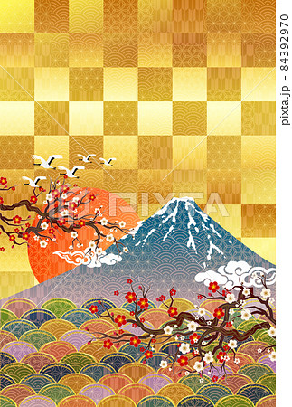 富士山 梅 和柄 背景のイラスト素材