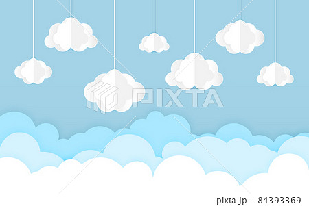 Cloud paper cut blue sky flat style. Cartoon volumetric splash wallpaper postcard. Sunny clear day handcraft origami modern horizontal 3d background. Good weather invitation news vector illustration Cloud paper cut blue sky flat style. Cartoon volumetric splash wallpaper postcard. Sunny clear day handcraft origami modern horizontal 3d background. Good weather invitation news vector illustration 84393369