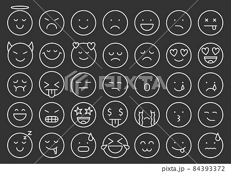 Emoji face icon simple white line set. Different emotion icon communication in the social network messenger website. Expression sadness joy anger cute minimal shape chat sticker isolated on black 84393372