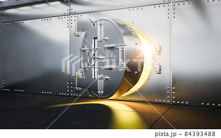 Open Bank vault door with gold light comes out from inside 84393488