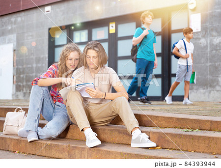 Girl prompts solution to problem to young man sitting on stone staircase in front of school 84393944
