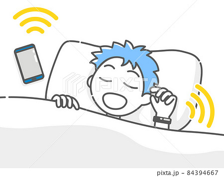 睡眠記録アプリを利用して寝る人のイラスト素材