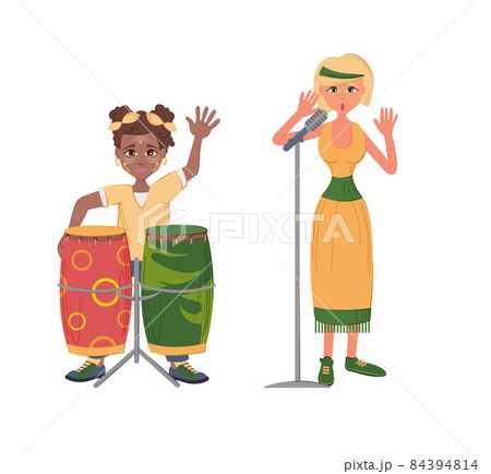 Afro-american woman at drum set. European girl sings a song. 84394814