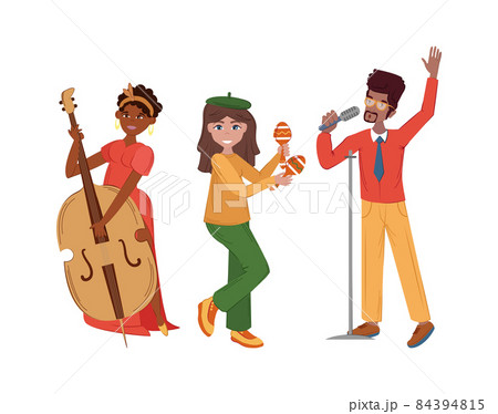 People playing musical instruments. Singer recording song with professional equipment orchestra 84394815