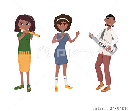 People playing musical instruments set. Afro-american, Europeans men, woman musicians playing musical instruments and singing songs into microphone cartoon 84394816