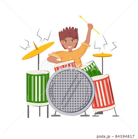 Afro-american foreign musician man with drumsticks, sits at drum set. 84394817