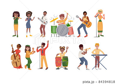 People playing musical instruments set. Afro-american, Europeans men, woman musicians playing musical instruments: drums, guitar, saxophone, flute, contrabass. Drummer, keyboardist, singers 84394818