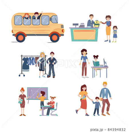 Back to School set. School kids with teacher in classroom, school kids are preparing homework, parents are leading children to school, buy school bag in store, school kids riding school bus Back to School set. School kids with teacher in classroom, school kids are preparing homework, parents are leading children to school, buy school bag in store, school kids riding school bus 84394832