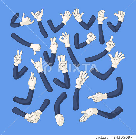 Comic gloved arms set. Comic retro hands in gloves hand character shows gestures relax, call me, stop, class, peace, ok, fist, attention, handshake, showing numbers symbol doodle line art 84395097