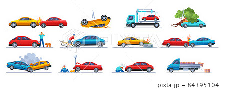 Road traffic accident. Car damaged vehicle transportation. Cyclist fell off bicycle colliding with car. Cargo spilled out of car. Collision hitting an people. 84395104