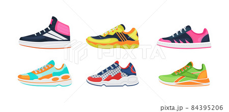 Fitness sneakers shoes set. Comfortable shoes for training, running and walking. Sports shoes of various shapes, training footwear, active sport sneakers cartoon vector 84395206