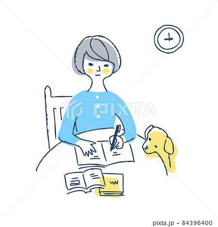 丸テーブルでノートに記入している女性 丸テーブルでノートに記入している女性 84396400