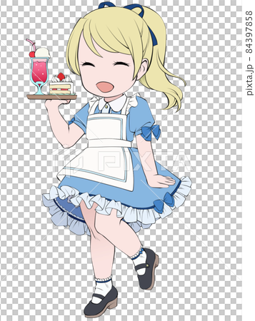拿著蛋糕套裝的笑臉金發女服務員 84397858