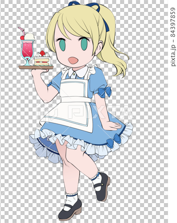 開朗的金發女服務員拿著一套蛋糕 84397859