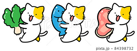 様々な食材を持ち運ぶかわいいねこの手書き風イラストセット 84398732