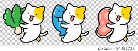 様々な食材を持ち運ぶかわいいねこの手書き風イラストセット 84398732