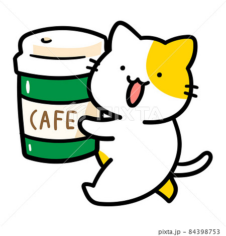 コーヒーを持ち運ぶかわいいねこの手書き風イラストのイラスト素材