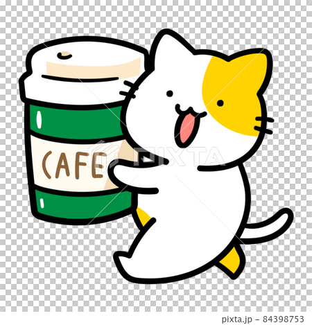 コーヒーを持ち運ぶかわいいねこの手書き風イラストのイラスト素材