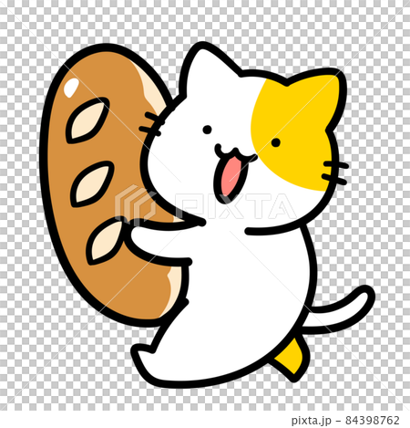 フランスパンを持ち運ぶかわいいねこの手書き風イラストのイラスト素材