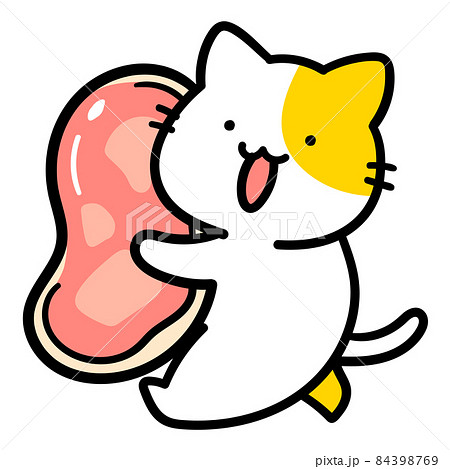 肉を持ち運ぶかわいいねこの手書き風イラストのイラスト素材 [84398769