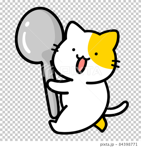 スプーンを持ち運ぶかわいいねこの手書き風イラストのイラスト素材