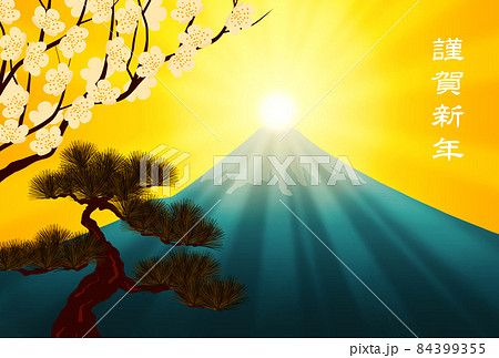 ダイヤモンド富士と松梅鶴の年賀状素材。 84399355