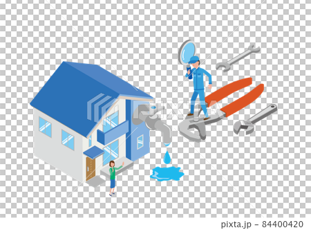 Isometric illustration of a worker rushing to repair a water leak 84400420