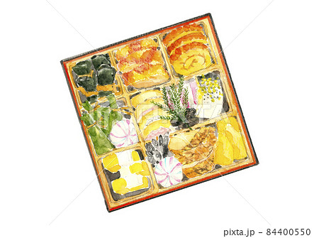 お重に詰めたお節 （おせち）素材【水彩イラスト】白バック コピースペースあり透過背景 84400550