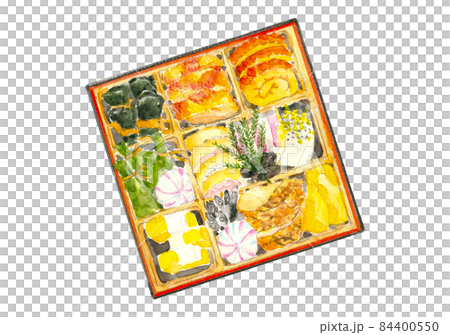 お重に詰めたお節 （おせち）素材【水彩イラスト】白バック コピースペースあり透過背景 84400550