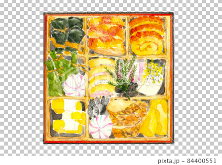 Osechi material packed in heavy weight [Watercolor illustration] White background with copy space Transparent background 84400551