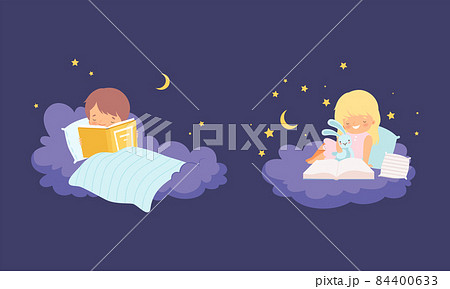 Cute Little Boy and Girl Lying on Soft Cloud at Night and Reading Bedtime Story Vector Set 84400633