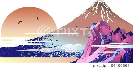 浮世絵風景年賀状イラスト富士山と箱根 84400665