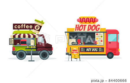 Wheeled Food Truck Selling Coffee and Hot Dog as Street Snack Restaurant Vector Set Wheeled Food Truck Selling Coffee and Hot Dog as Street Snack Restaurant Vector Set 84400666