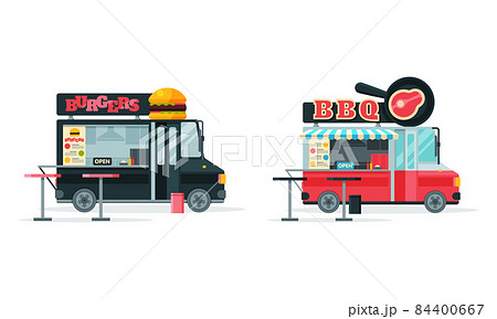 Wheeled Food Truck Selling Burger and Grilled Steak as Street Snack Restaurant Vector Set Wheeled Food Truck Selling Burger and Grilled Steak as Street Snack Restaurant Vector Set 84400667