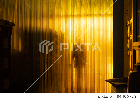 Yellow plastic curtain entrance with shadow of worker and cardboard package in warehouse Yellow plastic curtain entrance with shadow of worker and cardboard package in warehouse 84400728