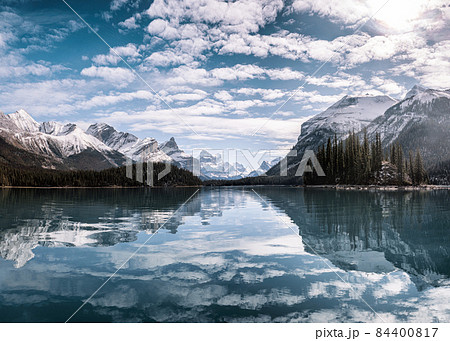 Canadian Rockies reflection on Maligne lake in Jasper national park, AB, Canada 84400817