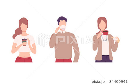 Young Man and Woman Character Holding Cup with Hot Coffee Drink Vector Set 84400941