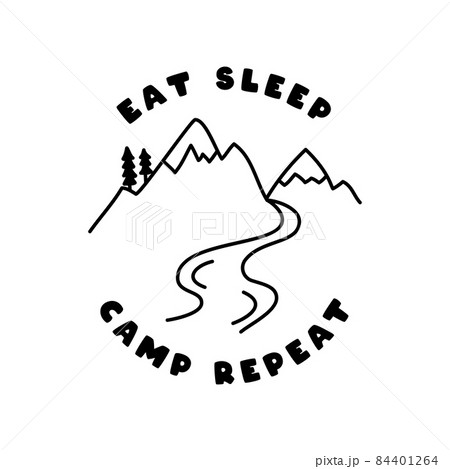Vintage adventure line art badge design. Outdoor emblem with campfire and text - Eat simple camp repeat. Unusual linear hipster style patch. Stock 84401264