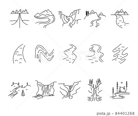 Simple valleys, rivers and mountains icons shapes set. Logo creation kit. Outdoor adventure line art elements bundle. Silhouette linear concept. Stock collection Simple valleys, rivers and mountains icons shapes set. Logo creation kit. Outdoor adventure line art elements bundle. Silhouette linear concept. Stock collection 84401268