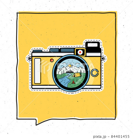 Vintage adventure badge illustration design. Outdoor emblem with camping scene inside the retro camera. Unusual hipster style patch. Stock Vintage adventure badge illustration design. Outdoor emblem with camping scene inside the retro camera. Unusual hipster style patch. Stock 84401455