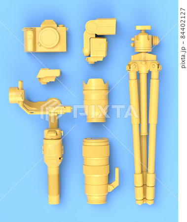 Top view of designer workspace and photography gear on blue table background 84402127