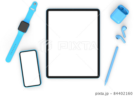 Computer tablet with stylus, smartwatch, phone and headphone on white background 84402160