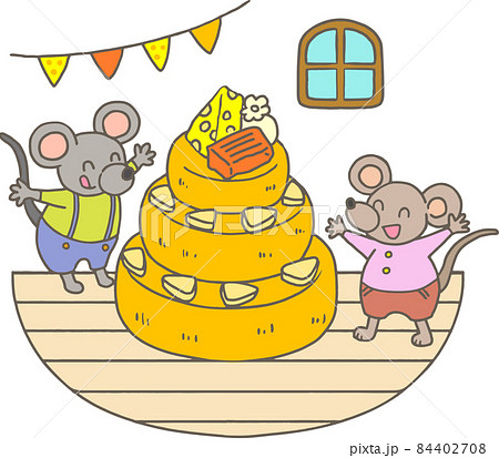 かわいい動物イラスト ネズミ 今日はチーズパーティ のイラスト素材