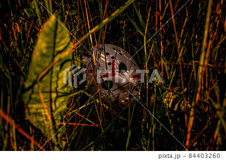 White creepy plastic hockey mask lays on ground between grass 84403260