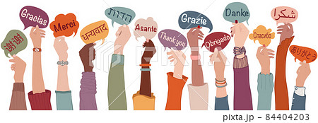 Raised arms and hands of multi-ethnic people from different nations and continents holding speech bubbles with text -thank you- in various international languages.Communication.Equality Raised arms and hands of multi-ethnic people from different nations and continents holding speech bubbles with text -thank you- in various international languages.Communication.Equality 84404203