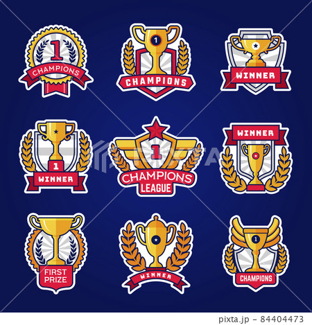Champion emblem. Sport event team logos with trophy cup recent vector colored badges 84404473