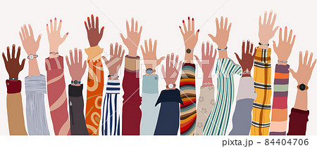 Group of raised arms and hands of multicultural people. Community or society of men and women of diverse cultures and races.Collaboration teamwork agreement between colleagues or friends 84404706