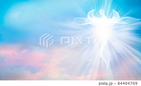 Archangel. Heavenly angelic spirit with wings. Illustration abstract white angel. Belief. Afterlife. Spiritual Angel. Blessing. Sky clouds with bright light rays. Heaven. Faith. Web banner 84404709