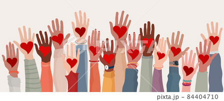 Arms and hands raised. Group of diverse people with heart in hand. Charity donation and volunteer work. Support and assistance. Multicultural and multiethnic community. People diversity Arms and hands raised. Group of diverse people with heart in hand. Charity donation and volunteer work. Support and assistance. Multicultural and multiethnic community. People diversity 84404710